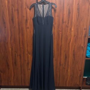 Max and Cleo Elegant Dark Blue Lace-Detail Evening Gown